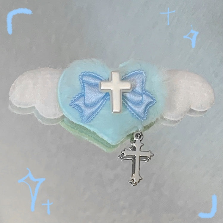 Blue Pink Plush Cross and Bowknot Heart-shaped Hairclip