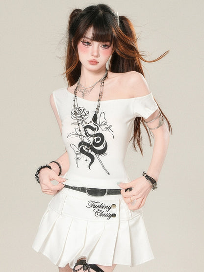 White/Black T-shirt Glamorous Asymmetrical Print Rosette Bittersweet Neckline