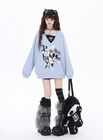 Sweatshirt V-Neck Heart and Bow Print Loose Two-pieces Bittersweet Black/Blue Faux