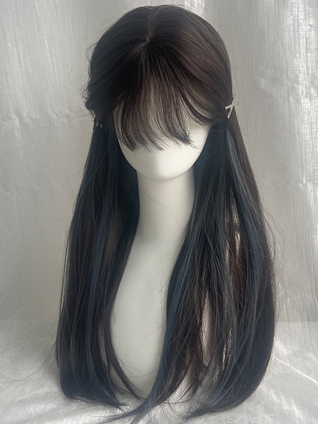 Grey And Blue Highlights Long Straight Synthetic Wig With Bangs