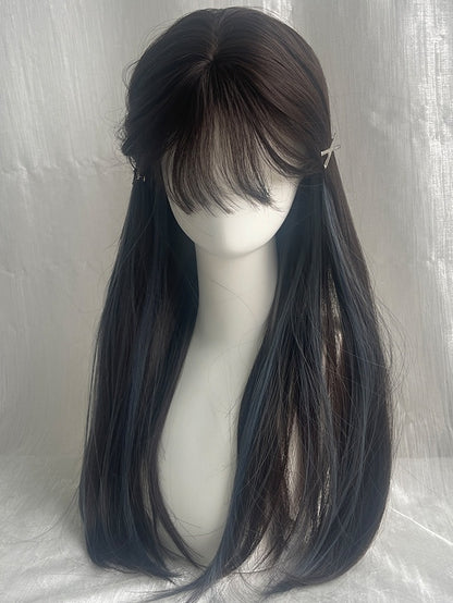 Grey And Blue Highlights Long Straight Synthetic Wig With Bangs