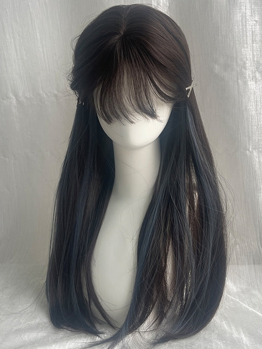 Grey And Blue Highlights Long Straight Synthetic Wig With Bangs