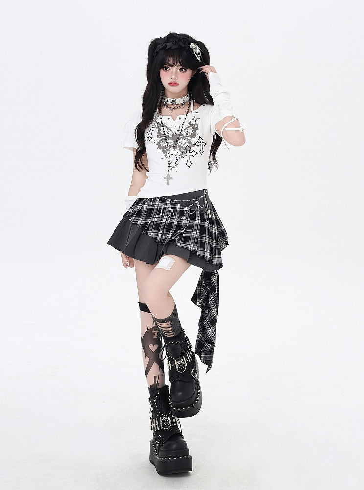 Butterfly Print Halter Neck T-Shirt Armwear with Black/White