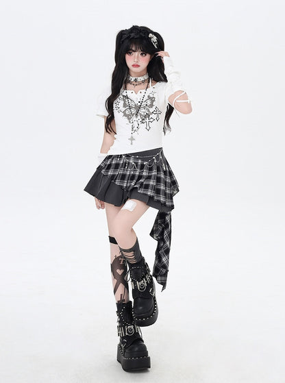 Butterfly Print Halter Neck T-Shirt Armwear with Black/White