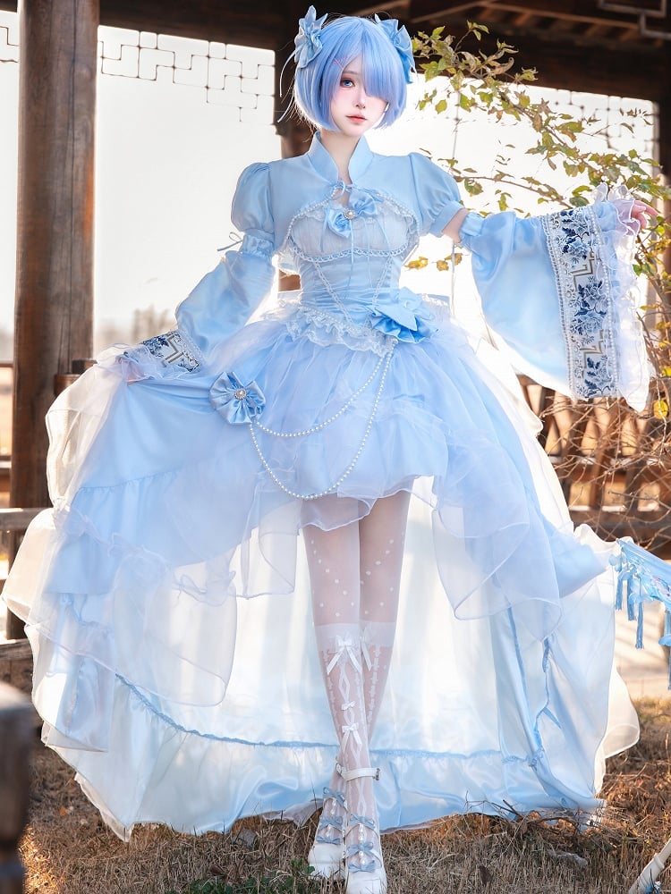 Full Lolita Top Skirt Plus Available Sizes High-low Blue Set Waist Princess Boned +