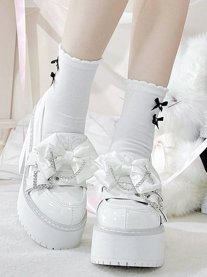 Cross Rhinestoned Kei White Chain Buckles Loafers Decorated Platform Bow Polished Jirai