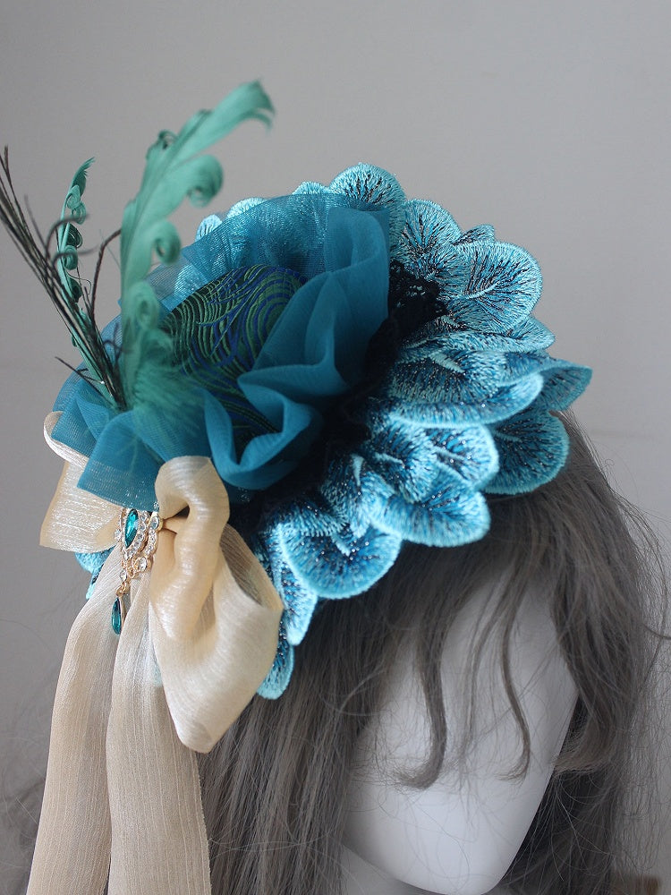 Mini Strass Blau Verziert Bowknot Version Pfau Hut Design Feder Wunderschöne
