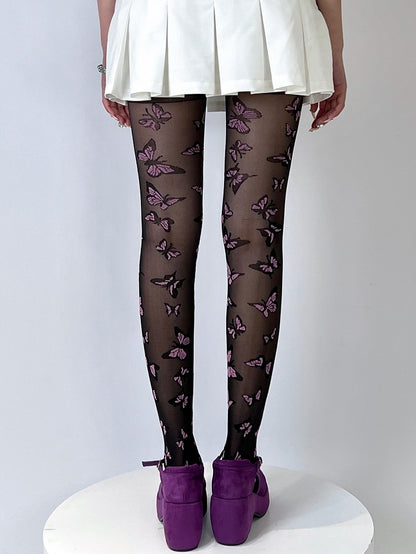 Y2K Butterfly Embroidered Tights Black