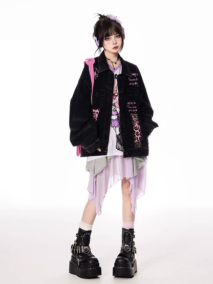 Denim Jacket Faded Wash Vintage Collar Pink Leopard Pattern Black Shirt
