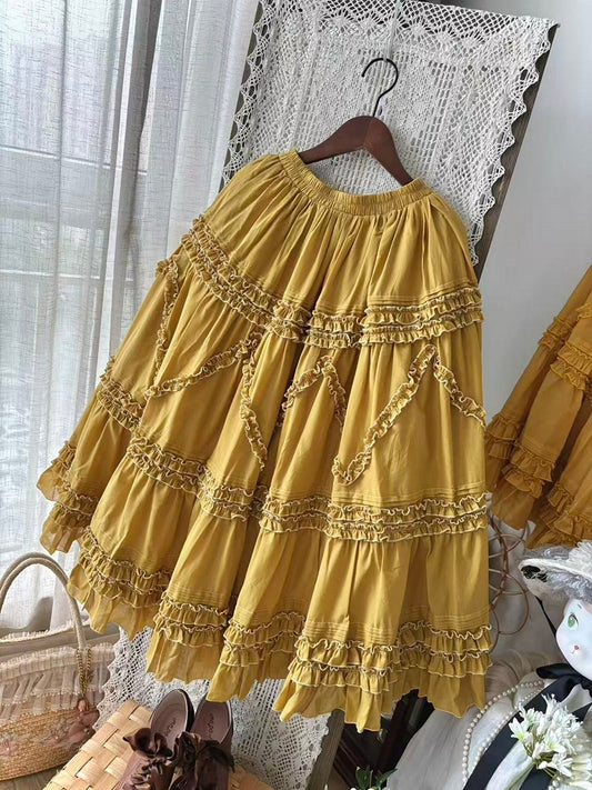 Waist Elastic Under Ruffled Skirt Yellow 82cm