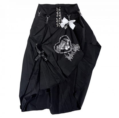 Punk Black Pin Chain Asymmetrical Hem Kitty Detachable Bow Skirt
