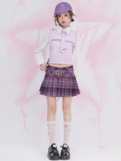 Purple Buckle Strap Preppy Style Plaid Pleated Skirt