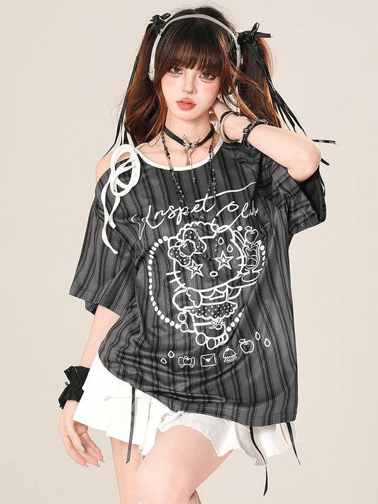 Bittersweet T-shirt Striped Strap Kitty Pattern Black/White Print Neckline Asymmetrical Self-tie