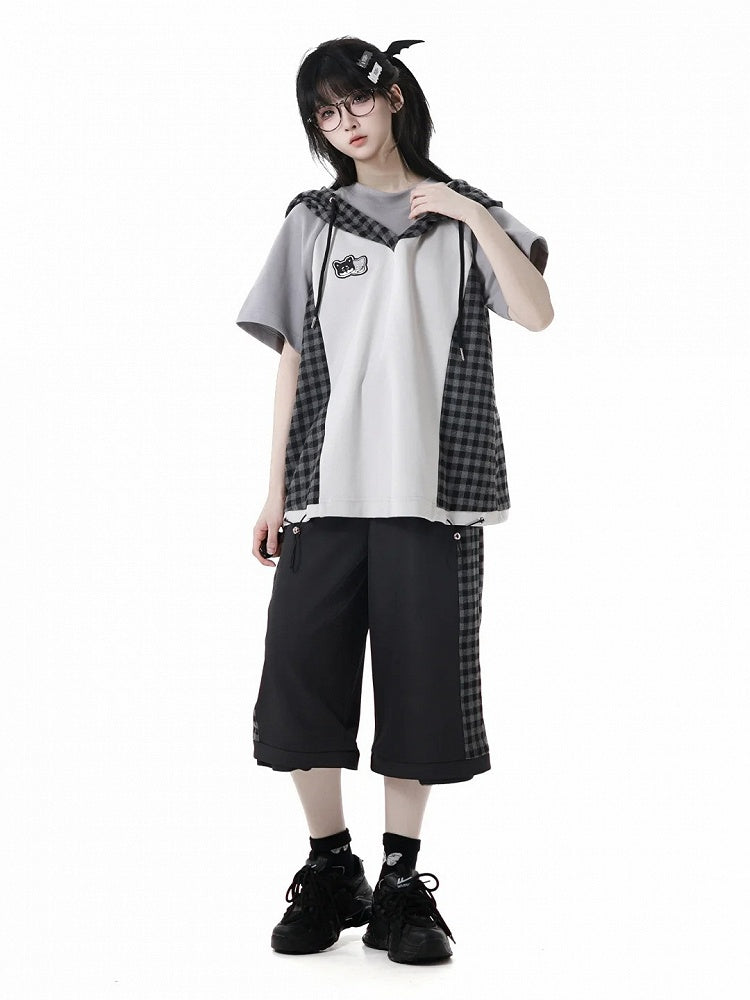 Wear Ways Zip Cuffs Techwear Two Pants/Shorts Black Plaid with Snap Belt