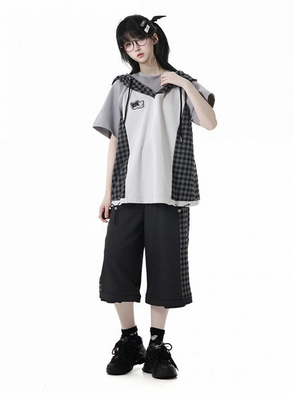 Wear Ways Zip Cuffs Techwear Two Pants/Shorts Black Plaid with Snap Belt