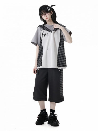 Techwear T-Shirt Plaid Patchwork Design Wolf Embroidery Wolf Ears Hood Gray