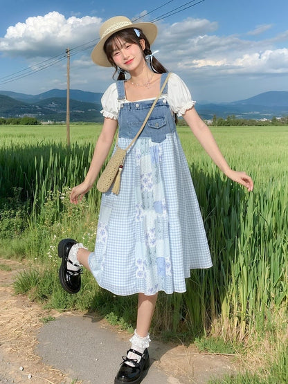 Mori Denim Overall Dress Blue Plaid and Floral Patchwork Design Kei