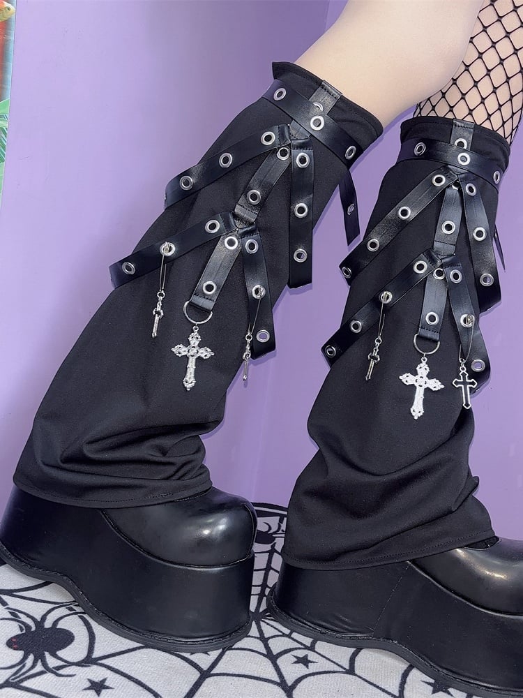 Ruffled Charms And Metal Buckle Stockings With Sleeves Cross Y2K Design Black Punk Straps Cuffs Cut-out + Leg Over-knee