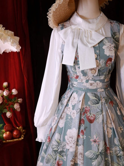 Dusty Blue Strawberry and Rose Elegant Classic Lolita Dress