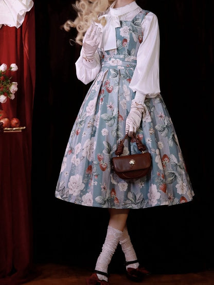 Dusty Blue Strawberry and Rose Square Neckline Elegant Classic Lolita JSK Dress