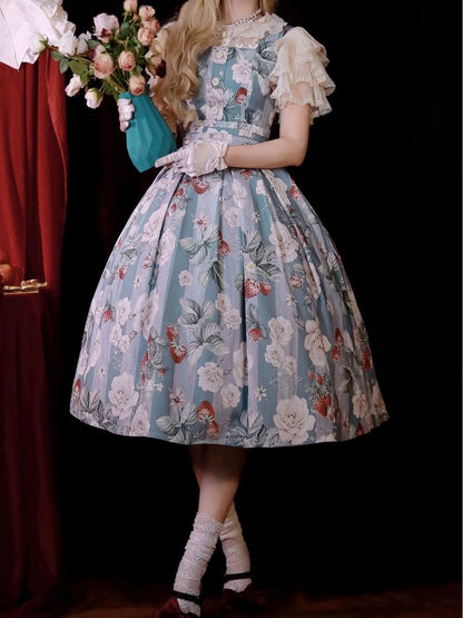 Dusty Blue Strawberry and Rose Square Neckline Elegant Classic Lolita JSK Dress