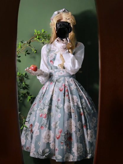 Dusty Blue Strawberry and Rose Square Neckline Elegant Classic Lolita JSK Dress