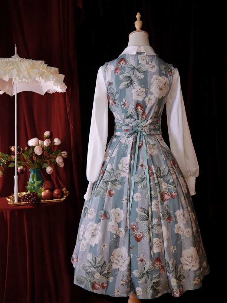 Dusty Blue Strawberry and Rose Elegant Classic Lolita Dress