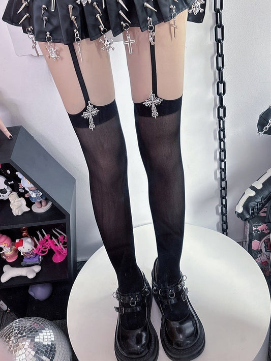 Y2K Suspender Black/White Gyaru Decorated Stockings Fashion Cross