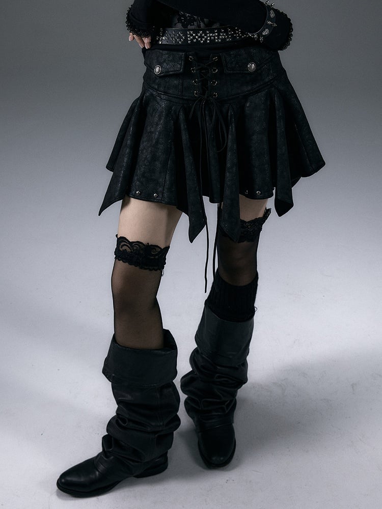 Black Handkerchief Hem Skirt with Lace-up