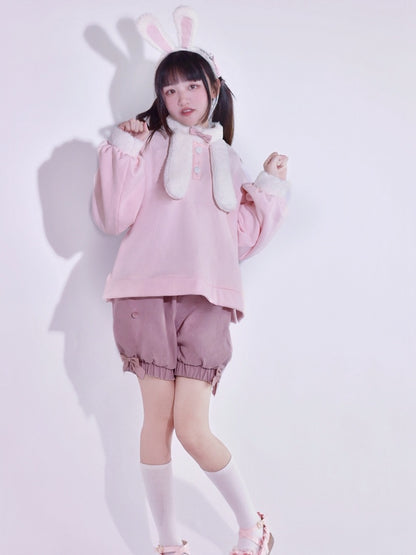 Pink Cute Bunny Ears Plush Collar Sweatshirt