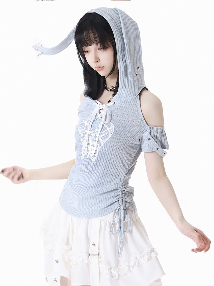 Blue Lace-up Hood T-Shirt Light Drawstring Waist Bunny Ear Design Neckline