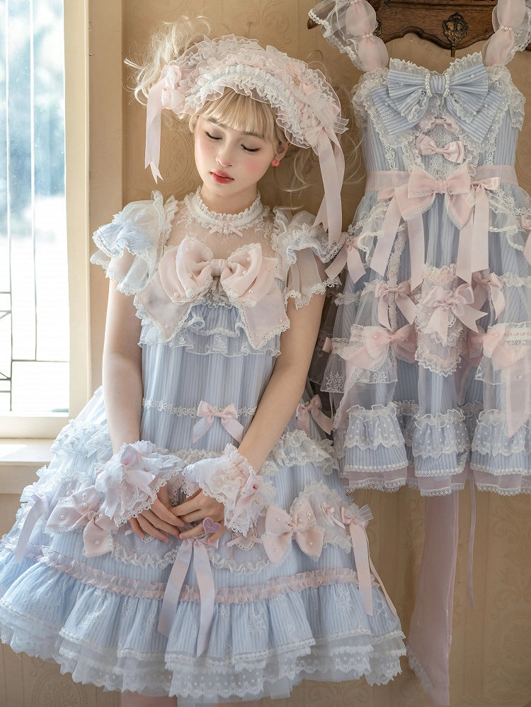 Gestreiftes Schleifenmuster Süß verziertes Kleid Lolita Blau Rosa