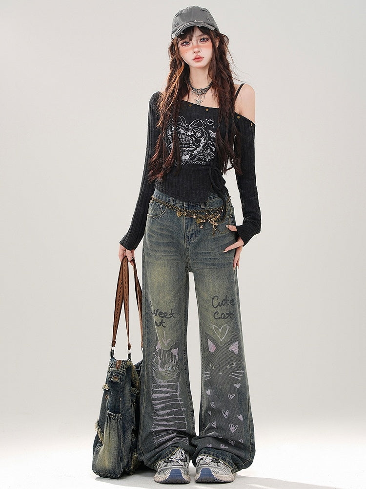 Denim Blue Cute Kitties Faded Wash Wide-leg Cut Jeans