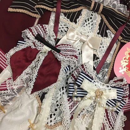 Spitzen-Charme und Lolita-Kreuz-Optionen, Farbe, Haarspange, 6 Schleifen, süße Borte, Perlen