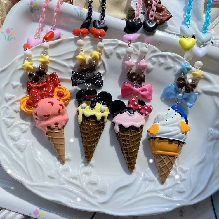 Ice Cream Beaded Pink/White Yellow/Pink/Dark Decorated Necklace Pendant Bowknot