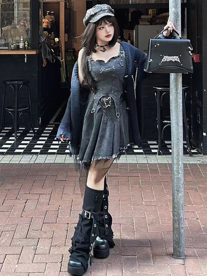 Plus Size Dark Grey Y2K Distressed Holes Loose Cardigan