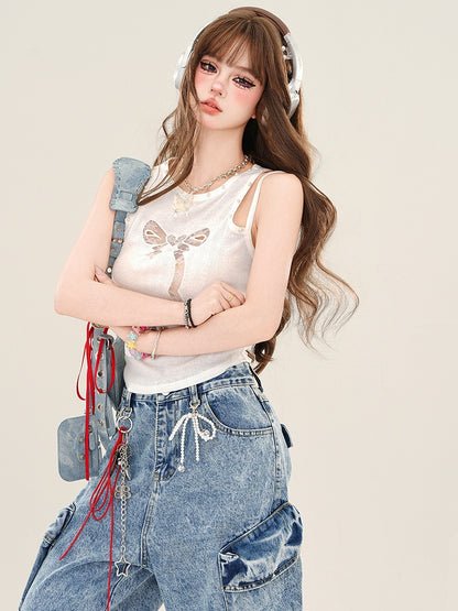 Black/White Bowknot Cutout Detail Tank Top