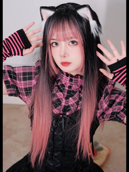 68CM And Black Wig Ombre Length Straight Bangs Air Pink With