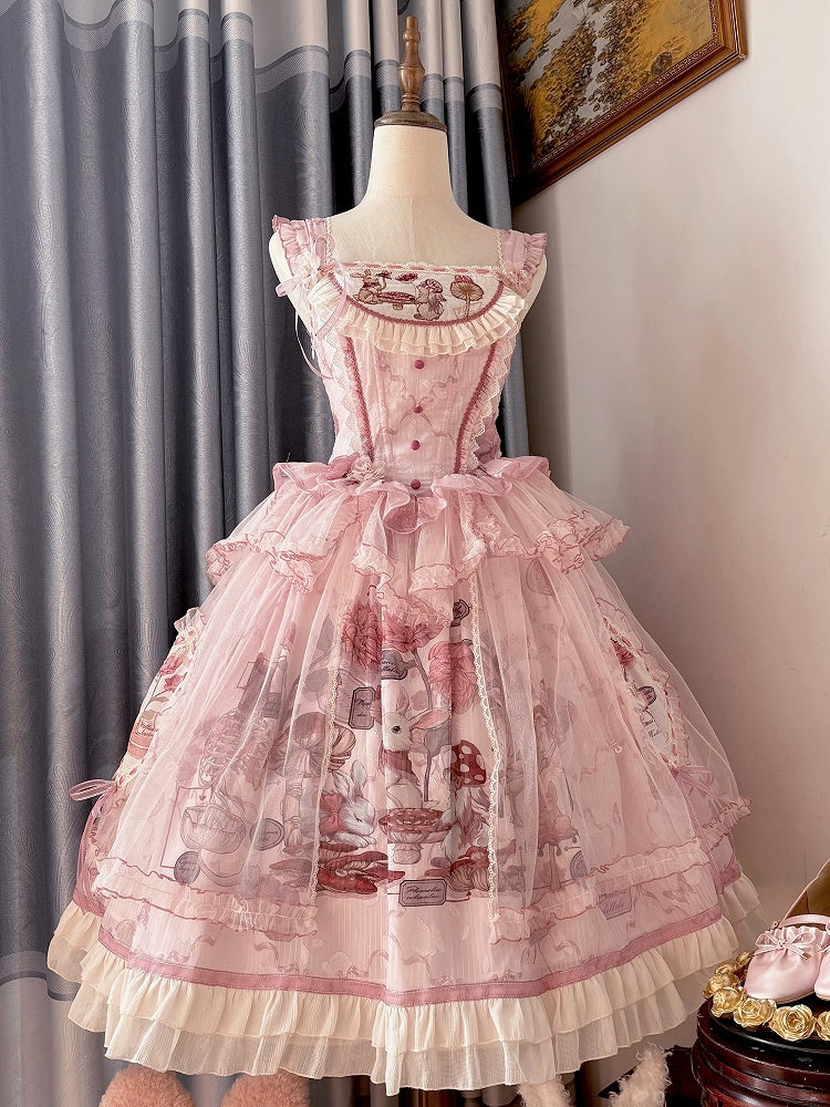 Pink Bunny Basque Waist Mushroom Skirt Princess and Jumper Lolita Print