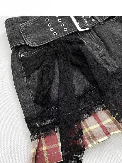 Y2K Red Plaid Pattern Hem Black Denim  Skirt+Buckle Strap Leg Warmers