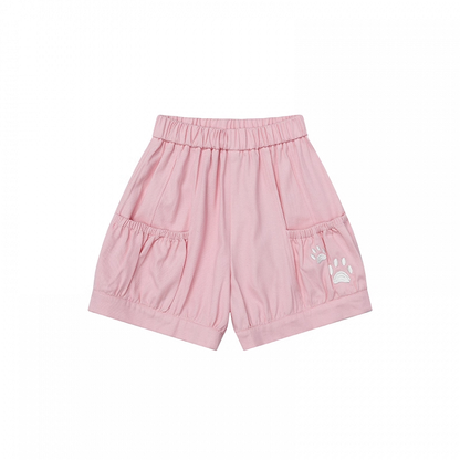Elastic Waist Shorts Paw Embroidery Pink/Blue/Black Kitty