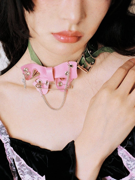 Pin Pink Studded Safety Green Punk Butterfly Adjustable with Details Choker Strap PU