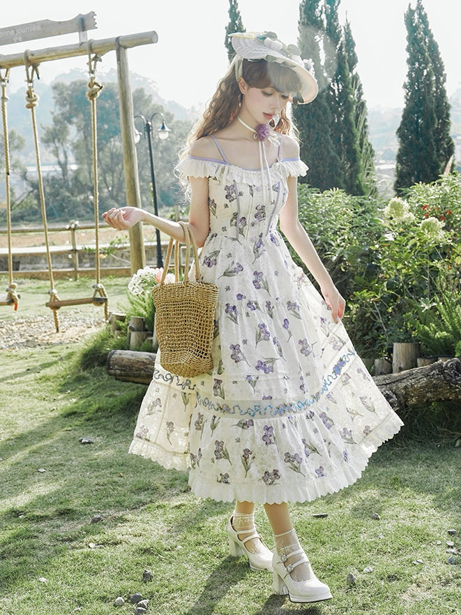 Neckline Jumper Skirt Beige Off-the-shoulder Purple Iris Embroidery