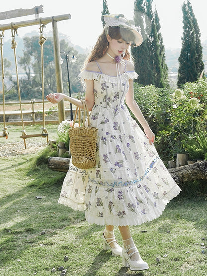 Neckline Jumper Skirt Beige Off-the-shoulder Purple Iris Embroidery