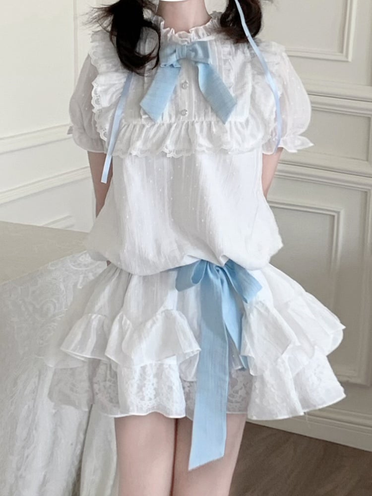 Blue Trim White Ruffle Neckline Lace Puff Sleeves Dress with