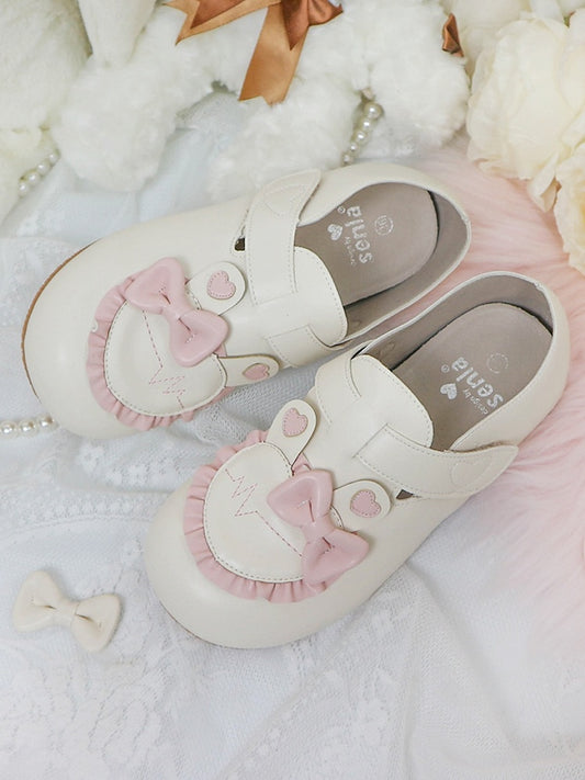 Accnet Süße Ohr Klett Herz Rüschen Schleife Riemen Schuhe Verschlüsse Bunny mit Niedrigem Absatz Beige Rosa