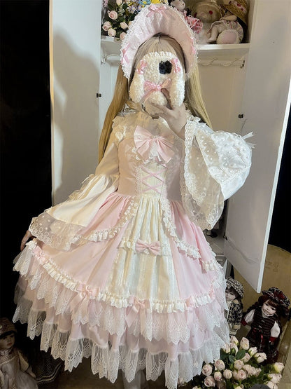 Pink and White Old School Lolita Fashion Dress Bowknot Detais Lolita JSK Set