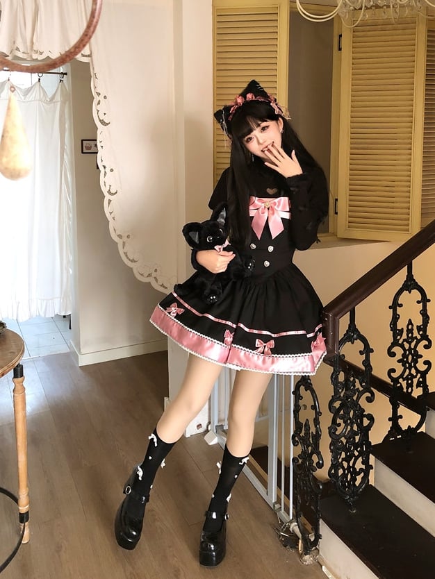 Black and Pink Cat Ears Bow Accents Basque Waist Sweet Dress Lolita Jumper Skirt