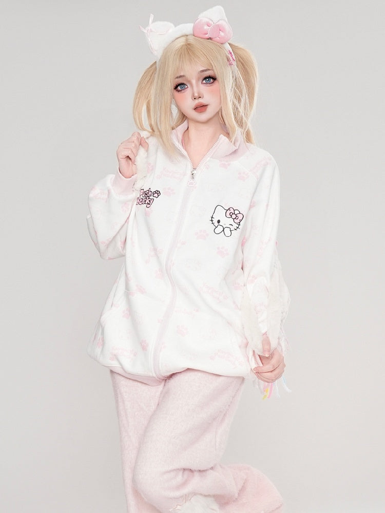 Black/Pink/Light Blue Kitties Allover Zip Closure Sweatshirt