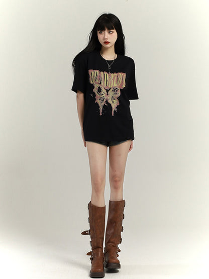 Dunkelgrau/Braun/Schwarz/Weiß Vintage Loose T-Shirt mit Schmetterlingsdruck